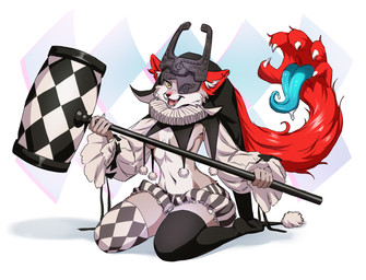 anthro armor bodily_fluids breasts clothing costume cute_fangs drooling fangs female hair_mouth halloween_costume hammer headgear helmet holidays horn horned_helmet inner_ear_fluff jester jester_outfit legwear piercing saliva solo stockings teeth tongue tongue_out tools tuft avocado_seed halloween midya_and_tayna_(darkflamewolf) canid canine canis imp mammal wolf hi_res