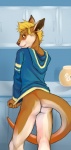 2012 anthro blonde_hair bottomless brown_nose butt butt_pose casual_exposure clothed clothing colson demicoeur digital_media_(artwork) fur hair hoodie hybrid kangaroo looking_at_viewer looking_back macropod male mammal marsupial mustelid otter pose solo tail thick_tail topwear