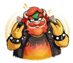 2_horns accessory beard claws clothing eyewear facial_hair glasses hair horn humor jacket looking_at_viewer male mustache pin_accessory pin_button red_hair solo topwear francoisl-artblog mario_bros mario_tennis mario_tennis_aces nintendo bowser jack_black koopa scalie hi_res