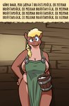 anthro apron apron_only areola areola_slip bernie-buddy big_breasts blonde_hair bovid bovine breasts clothing confusion female green_apron green_clothing hair hi_res i_mean_breast_milk icelandic_text mammal meme milk mostly_nude overweight repeated_text side_boob solo text