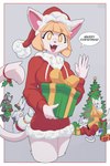 anthro bdsm blue_pawpads bondage bottomless bound christmas_clothing christmas_headwear christmas_tree clothed clothing dress eyes_closed female gesture green_clothing green_hat green_headwear green_topwear grey_background grey_hair group hair hat headgear headwear holding_present holidays lying male mouth_closed narrowed_eyes on_back open_mouth open_smile orange_hair pawpads pink_inner_ear pink_nose plant pupils red_clothing red_eyes red_hat red_headwear red_topwear ribbon_bondage ribbons santa_hat short_hair simple_background smile solo_focus speech_bubble standing text topwear tree waving waving_at_viewer white_hair white_pupils yellow_clothing yellow_dress yellow_eyes mat rz54 christmas felid mammal absurd_res english_text hi_res