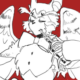 alcohol anthro beverage bottle claws container fangs fur grumpy holding_object male simple_background solo teeth wings o3t hazbin_hotel hellaverse husk_(hazbin_hotel) demon domestic_cat felid feline felis mammal 1:1 monochrome