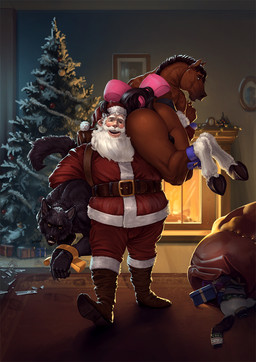 ankles_tied anthro balls beard belt blush boots bottomwear bound bow_(feature) bow_ribbon box butt christmas_clothing christmas_headwear christmas_tree clothing container elderly elderly_human elderly_male facial_hair footwear fur genitals gift gift_bow gift_box gift_wrapped group hair hands_tied hat headgear headwear holding_another holidays hooves inside looking_at_viewer looking_back looking_pleasured male mustache nude open_mouth overweight overweight_human overweight_male plant ribbons santa_hat shoes smile standing tail teeth topwear tree trio satanic_monkey christmas santa_claus canid canine canis equid equine horse human mammal wolf digital_media_(artwork) hi_res