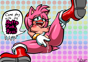 accessory anthro big_breasts blush bodily_fluids boots breasts clothing dialogue dotted_background drip_effect dripping_speech_bubble female footwear front_view genital_fluids genitals gloves green_eyes hair hair_accessory hairband handwear highlighted_text inviting looking_at_viewer nipples nude pattern_background pink_body pink_hair presenting presenting_vulva shoes simple_background solo speech_bubble spread_legs spread_vulva spreading talking_to_viewer text text_emphasis vaginal_fluids vulva protagon sega sonic_the_hedgehog_(series) amy_rose eulipotyphlan hedgehog mammal english_text hi_res signature