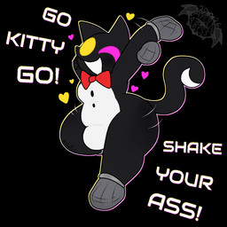 anthro big_bulge black_body black_fur bottom_heavy bow_tie bulge button_(fastener) cheek_tuft clothing costume facial_tuft fur heterochromia male motion_lines open_mouth smile solo tail tail_mouth text tuft unusual_anatomy unusual_tail wide_hips apollysabyss deltarune undertale_(series) cat_mike_(deltarune) darkner domestic_cat felid feline felis mammal shadowguy_(deltarune) 1:1 2026 digital_media_(artwork) hi_res