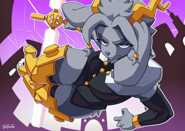 angry anthro antlers blue_eyes breasts clothed clothing eyebrows eyelashes female frown fur grey_body grey_ears grey_eyebrows grey_fur grey_hair grey_nose hair holding_object holding_weapon horn leg_armor long_ears looking_at_viewer mouth_closed outline pupils short_hair text thick_eyebrows thick_thighs weapon white_outline white_pupils yellow_antlers junpainter pseudoregalia sybil_(pseudoregalia) jackalope lagomorph mammal artist_name hi_res signature