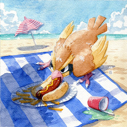 ambiguous_gender beach beach_umbrella beak criminal feathers feral food fries hot_dog logo outside paper_plate parasol solo spilled_drink striped_blanket tan_body tan_feathers text owlburrow nintendo pokemon avian generation_1_pokemon pidgey pokemon_(species) artist_logo artist_name english_description hi_res painting_(artwork) watercolor_(artwork)