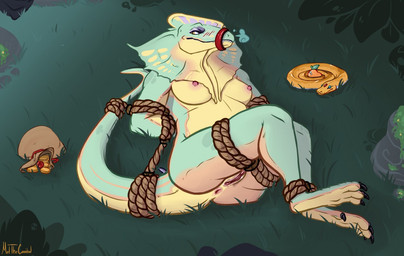 anthro anus areola barefoot bdsm belly biped black_claws blush bodily_fluids bondage bound breasts butt claws coin countershading eyebrows eyelashes feet female frill_(anatomy) gem genital_fluids genitals gold_(metal) gold_coin grass green_body green_scales half-closed_eyes hands_behind_back looking_at_viewer membrane_(anatomy) membranous_frill moss multicolored_body multicolored_scales muzzle_(object) muzzled narrowed_eyes nipples non-mammal_breasts non-mammal_nipples nude orange_body orange_scales paws pink_anus pink_areola pink_nipples pink_vulva plant purple_body purple_scales rope ruby_(gem) scales smile solo submissive submissive_female tail teeth thick_tail treasure vaginal_fluids vulva yellow_belly yellow_body yellow_countershading yellow_eyes yellow_scales meldritchhorror ripley_(rebelmechwolf) dilophosaurid dilophosaurus dinosaur prehistoric_species reptile scalie theropod 2018 signature