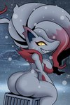 anthro arched_back big_breasts big_butt big_hair breasts bubble_butt butt crate evil_grin female fur hair red_body red_fur sharp_teeth sitting smile snout snowstorm solo teeth thick_thighs white_body white_fur yellow_eyes mobian_monster nintendo pokemon canid canine generation_8_pokemon hisuian_form hisuian_zoroark mammal pokemon_(species) regional_form_(pokemon) 2:3 absurd_res hi_res