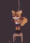 anthro black_background blade blood blood_from_wound blood_splatter blue_bottomwear blue_clothing blue_skirt bodily_fluids bottomwear brown_body brown_fur brown_hair clothing female fur furniture gore hair inner_ear_fluff long_socks multicolored_body multicolored_fur noose orange_body orange_fur orange_hair pigtails red_eyes red_ribbon ribbons school_uniform self-harm simple_background skirt solo stained_clothing stool suicide_attempt tears topwear tuft uniform white_body white_clothing white_fur white_topwear wound_on_arm wound_on_leg wounded pyonko mammal rodent sciurid tree_squirrel