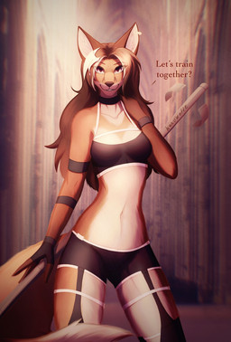 accessory anthro athletic athletic_female belt breasts clothing dialogue ear_piercing ear_ring female fingerless_gloves fur gloves hair_accessory handwear inside legwear looking_at_viewer melee_weapon navel piercing polearm ring_piercing slim smile solo spear text thick_thighs weapon kunstwaffe jeanne_(kunstwaffe) canid canine fox mammal 2022 absurd_res english_text hi_res