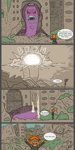 anthro blonde_hair border bottomwear clothed clothing dialogue duo explosion female feral flying grey_border hair machine motorcycle multicolored_body navel orange_hair post-apocalyptic red_eyes suit tai-na text transport two_tone_body vehicle wasteland vylfgor alien lagomorph leporid mammal monster rabbit robot 2025 absurd_res comic digital_media_(artwork) english_text hi_res