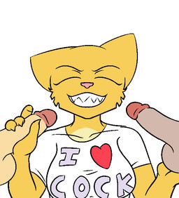 anthro balls eyes_closed female genitals group heart_symbol holding_penis male male/female penis pink_nose sharp_teeth simple_background smile teeth text trio unknown_artist microsoft prequel_adventure the_elder_scrolls katia_managan felid human khajiit mammal