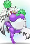 anthro beak belly big_belly big_breasts bottomwear breasts clothed clothing feet female fur grey_body grey_fur hair highlights_(coloring) huge_belly huge_breasts legwear long_hair multicolored_body multicolored_fur multicolored_hair one_eye_closed open_beak open_mouth pom_poms pregnant pregnant_anthro pregnant_female red_highlights skirt solo stockings thick_thighs thigh_highs toes tongue topwear two_tone_body two_tone_fur two_tone_hair white_body white_fur white_hair wings papa_soul mythology avian gryphon mythological_avian mythological_creature absurd_res full-length_portrait hi_res portrait