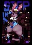 anthro armor big_butt butt clothed clothing cosplay female gesture hand_gesture hat headgear headwear helmet open_mouth pointing purple_eyes short_stack simple_background solo standing text thick_thighs tight_clothing transparent_background wide_hips riendonut disney mighty_switch_force! wayforward zootopia judy_hopps patricia_wagon lagomorph leporid mammal rabbit 2016 alpha_channel crossover english_text