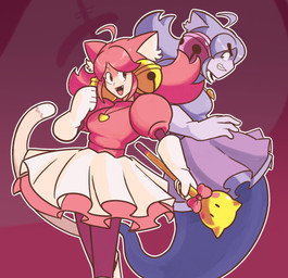ahoge animal_ears bottomwear clothed clothed_female clothed_humanoid clothing duo fangs female fully_clothed fully_clothed_female fully_clothed_humanoid ghost_tail gloves hair hair_bell handwear heart_necklace holding_object inner_ear_fluff magical_girl_wand pink_clothing pink_hair pink_topwear purple_body purple_clothing purple_hair skirt tail teeth topwear tuft white_bottomwear white_clothing white_gloves white_handwear white_skirt 0urcast deltarune undertale_(series) irritable_ghost_(deltarune) mad_mew_mew mew_mew_(undertale) pink_(deltarune) animal_humanoid cat_humanoid felid felid_humanoid feline feline_humanoid ghost humanoid mammal mammal_humanoid spirit 2026 hi_res