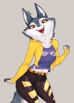 anthro belt clothing countershading eyewear female happy jacket simple_background smile solo standing sunglasses topwear siripim111 illumination_entertainment sing_(movie) porsha_crystal arctic_wolf canid canine canis mammal wolf hi_res