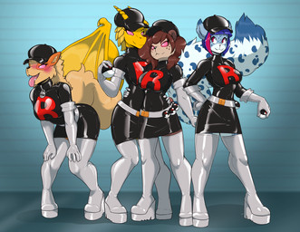 alternate_species anthro armwear belt black_collar black_latex blue_body blue_fur blush boots breasts brown_body brown_fur brown_hair clothed clothed_anthro clothed_female clothing collar elbow_gloves female footwear fur gloves group hair handwear high_heeled_boots high_heels hypnosis latex latex_armwear latex_boots latex_clothing latex_elbow_gloves latex_footwear latex_gloves latex_handwear latex_legwear latex_thigh_boots latex_thigh_highs latex_uniform legwear mind_control multicolored_body multicolored_fur multicolored_hair orange_body orange_fur pink_eyes pink_hair platform_boots platform_footwear pokeball purple_hair red_latex ringed_eyes shoes tan_body tan_fur team_rocket_pokeball team_rocket_uniform thigh_boots thigh_highs tongue tongue_out two_tone_body two_tone_fur two_tone_hair wearing_hat white_armwear white_body white_clothing white_elbow_gloves white_fur white_gloves white_handwear white_latex white_legwear white_thigh_boots white_thigh_highs wings yellow_body helixjack european_mythology mythology nintendo pokemon team_rocket dream_searcher_(jortyguy) erita_(feyro) grunt_(pokemon) kauko_(andrewneo) mew_(helixjack) rocket_grunt ailurid arcanine dragon felid generation_1_pokemon mammal mythological_creature mythological_scalie pantherine pokemon_(species) red_panda scalie snow_leopard western_dragon 2019 hi_res