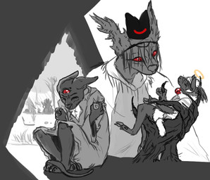 3_eyes ambiguous_gender anthro bell bell_collar bodily_fluids clothing collar crying duo eyes_closed fur hairless halo holding_another horn lying multi_eye red_eyes robe self_hug sitting size_difference tears veil wool_(fur) welcometaco cult_of_the_lamb massive_monster_(studio) lamb_(cult_of_the_lamb) narinder red_crown_(cult_of_the_lamb) bovid caprine domestic_cat domestic_sheep felid feline felis hairless_cat jacob_sheep mammal sheep sphynx_(cat) restricted_palette sketch