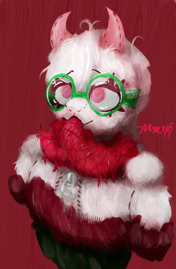 anthro clothing dress exposed_shoulder eyelashes eyewear fabric femboy fur glasses green_eyewear green_glasses horn male pink_eyes pink_horn plushie-like pseudo_clothing pseudo_scarf scarf simple_background solo stitch_(sewing) tongue_scarf white_body white_fur just_dryvern deltarune undertale_(series) ralsei bovid caprine goat mammal digital_media_(artwork) digital_painting_(artwork) hi_res painting_(artwork)
