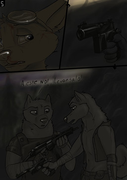 anthro dialogue ears_back ears_up forest_background group gun handgun holding_object holding_weapon male pistol pivoted_ears post-apocalyptic ranged_weapon ravine text weapon wounded wolfyalex96 alaskan_malamute canid canine canis domestic_dog fox mammal nordic_sled_dog spitz comic hi_res spanish_text translated