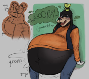 anthro belly belly_expansion beverage_bottle big_belly black_body black_fur blush bodily_fluids bottle bottomwear burping chugging clothing container dialogue expansion fur geometric_background gloves handwear hat headgear headwear huge_belly hyper hyper_belly male navel onomatopoeia pants rumbling_stomach shirt simple_background soda_bottle solo sound_effects sweat sweatdrop tan_body tan_fur text topwear vest sodiux disney goofy_(disney) canid canine canis domestic_dog mammal 2024 hi_res sketch_page