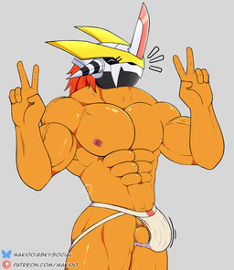 anthro armor balls breasts bulge cleavage clothed clothing eyes_closed genitals gesture hair hand_gesture headgear helmet horn horned_helmet jockstrap male mask muscular orange_body pecs penis red_hair smile solo text underwear v_sign makidotsukashi bandai_namco digimon digimon_(species) greymon scalie victorygreymon hi_res url