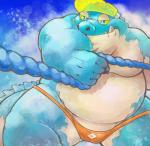 belly clothing fupa hat headgear headwear male moobs overweight overweight_male rope scar solo speedo swimwear visor_cap boroten lifewonders tokyo_afterschool_summoners makara_(tas) crocodile crocodilian reptile scalie hi_res