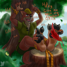 4_fingers 4_toes anthro bdsm black_nose bondage bound cheek_tuft claws clothed clothed_anthro clothed_male clothing dialogue eyebrows facial_tuft feet finger_claws fingers fur fur_tuft green_clothing green_shirt green_topwear green_tunic hat headgear headwear laugh leaf loose_feather male open_mouth open_smile plant red_loose_feather restraints rope rope_bondage shirt sitting smile solo tail teeth text tickle_fetish tickle_torture tickling tickling_feet toes tongue topwear tree tree_stump tuft tunic yellow_clothing yellow_hat yellow_headwear misterfuchs disney robin_hood_(disney) robin_hood canid canine fox mammal 1:1 english_text hi_res