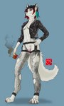 anthro clothing female genitals jacket leather leather_clothing leather_jacket leather_topwear pussy solo topwear donec_tigris canid canine canis mammal wolf absurd_res censored hi_res