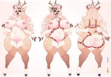2_horns 5_fingers anthro areola big_breasts big_butt black_hooves blonde_hair blue_eyes blush body_blush breasts brown_body brown_fur brown_nose butt color_swatch ear_piercing eyelashes female fingers fur genitals hair harness harness_only head_horn heart_(marking) hooves horn long_hair looking_at_viewer makeup markings muzzle_(object) muzzled nipple_piercing nipples piercing pink_areola pink_nipples simple_background snout solo spots spotted_markings standing tail thick_thighs vulva vulva_blush white_body white_fur wide_hips mokkapie deer mammal new_world_deer reindeer colored digital_drawing_(artwork) digital_media_(artwork) hi_res shaded