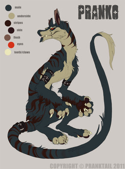 anthro armband belt belt_buckle buckle ear_piercing fur male pawpads paws piercing red_eyes retractable_claws solo tail tail_fluff teal_body teal_fur teeth text torn_ear white_body white_fur pranktail pranko mammal unknown_species 2011 english_text model_sheet