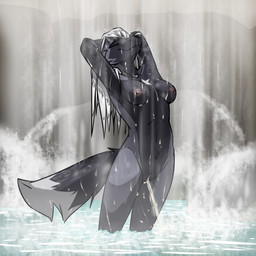 anthro areola bathing bodily_fluids breasts eyes_closed female female_peeing fur genital_fluids genitals hair nipples nude outdoor_nudity outside partially_submerged peeing peeing_into_water smile solo standing tail urine urine_stream vulva water waterfall waterfall_shower wet wet_body wet_fur wet_hair ryofox630 trish_(invasormkiv) canid canine fox mammal 1:1 digital_media_(artwork) hi_res