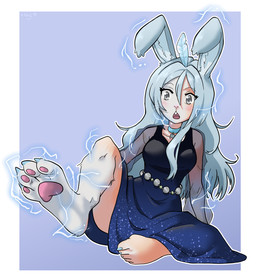 barefoot border breasts claws clothing collar dress feet female fur grey_body grey_eyes grey_fur grey_hair hair human_to_anthro loose_feather open_mouth pawpads simple_background solo species_transformation surprised transformation whiskers white_border xbc9 human lagomorph leporid mammal rabbit 2026 hi_res