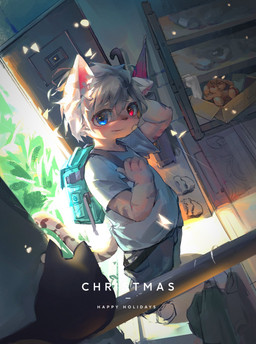 ambiguous_gender anthro backpack bandage bandage_on_face black_bottomwear black_clothing black_shorts blue_clothing blue_eyes blue_shirt blue_topwear bottomwear clothed clothing clothing_rack detailed_background fully_clothed glistening glistening_eyes hair hand_behind_head heterochromia high-angle_view kemono light light_beam particles red_eyes shirt shorts solo striped_body stripes sunbeam sunlight text topwear white_hair young young_anthro cuihongshi felid feline mammal 2021 digital_media_(artwork) hi_res