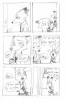 absurd_res anthro border canid canine clothed clothing comic dialogue disney duo english_text eyes_closed female fox fur graphite_(artwork) half-closed_eyes hi_res judy_hopps lagomorph leporid long_ears looking_back male mammal monochrome narrowed_eyes necktie nick_wilde open_mouth pencil_(artwork) police police_uniform rabbit red_fox smile speech_bubble standing surprise text thought_bubble traditional_media_(artwork) treevil true_fox uniform white_border zootopia
