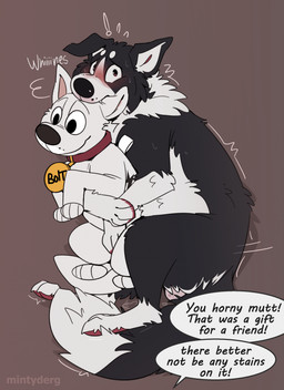 balls bite black_body black_fur blush bodily_fluids brown_background collar constricted_pupils dialogue digitigrade dipstick_tail fangs feral fur genitals gloves_(marking) grinding leg_markings male markings masturbation offscreen_character penile penile_masturbation plushie plushie_humping plushophilia pupils shadow simple_background small_pupils snout socks_(marking) solo speech_bubble sweat tail tail_markings teeth text thrusting white_body white_fur mintyderg bolt_(film) disney bolt_(bolt) chess_(mintyderg) border_collie canid canine canis collie domestic_dog herding_dog mammal pastoral_dog sheepdog english_text hi_res