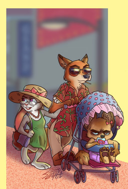 anthro barefoot border brown_eyes brown_pawpads clothing dress eyewear feet female fur glasses green_eyes group hat headgear headwear inner_ear_fluff jewelry male necklace outside pacifier pawpads purple_eyes purse rectangular_glasses size_difference smile sunglasses tuft yellow_border yohiri disney zootopia finnick_(zootopia) judy_hopps nick_wilde canid canine fennec_fox fox lagomorph leporid mammal rabbit red_fox true_fox 2016