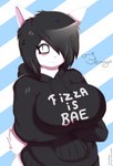 anthro big_breasts breasts clothing female hair hair_over_eye hoodie messy_hair one_eye_obstructed solo text text_on_clothing text_on_hoodie text_on_topwear topwear whatever9903 femmy_(smokyjai) lagomorph leporid mammal rabbit absurd_res english_text hi_res