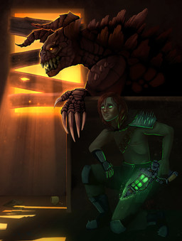 ambiguous_gender armor boarded_window clawed_hands claws duo gun hiding holding_gun holding_object holding_ranged_weapon holding_weapon horn inside male mastectomy_scar not_furry pauldron ranged_weapon raygun scar sharp_teeth teeth weapon wearing_armor han_(artist) fallout microsoft sue_(lord-vermin) deathclaw human humanoid mammal scalie english_description hi_res trans_(lore) trans_man_(lore)