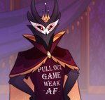 anthro clothed clothing feathers grey_body grey_feathers male red_eyes solo text text_on_clothing mlavieer helluva_boss paimon_(helluva_boss) avian bird owl owl_demon english_text