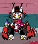 1_eye anthro bottle clothed clothing container dress duo feathered_wings feathers female hat headgear headwear male on_lap wings chico hazbin_hotel husk_(hazbin_hotel) niffty_(hazbin_hotel) cyclops demon demon_humanoid domestic_cat felid feline felis humanoid mammal absurd_res hi_res