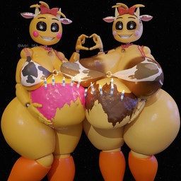 animal_print animal_print_bikini areola areola_slip beakless belly big_areola big_belly big_breasts bikini bikini_top breasts cake candle clothing cow_print cow_print_bikini dessert duo female female/female food food_fetish heart_symbol huge_areola hyper hyper_areola looking_at_viewer machine pattern_bikini pattern_clothing pattern_swimwear pregnant pregnant_female sharp_teeth smile swimwear teeth thick_thighs two-piece_swimsuit wide_hips womb_tattoo yellow_body adri164 jams3d_(modeler) five_nights_at_freddy's five_nights_at_freddy's_2 scottgames lovetaste_chica toy_chica_(fnaf) animatronic avian bird chicken galliform phasianid robot 1:1 3d_(artwork) absurd_res digital_media_(artwork) hi_res