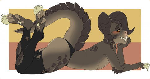 anthro big_butt black_clothing black_underwear blush brown_body brown_scales butt claws clothing femboy hand_on_cheek horn legwear lying male on_front scales simple_background solo stockings thick_thighs torn_clothing underwear banzai.puppy fallout microsoft ashe_colter deathclaw reptile scalie 2021 digital_media_(artwork) shaded