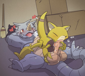 ball_squeeze balls blush bodily_fluids box breath broom cleaning_tool container duo erection fellatio genitals handjob heart_symbol horn interspecies licking long_penis male male/male oral penile penis penis_lick saliva sex tongue tongue_out argon_vile monster_mind nintendo pokemon abra generation_1_pokemon pokemon_(species) rhydon hi_res