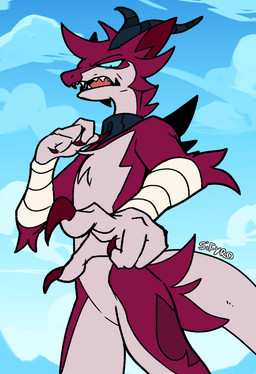 anthro bandage blue_eyes claws collar fangs first_person_view fur gesture hand_gesture horn looking_at_viewer pointing red_body red_fur teeth blitzdrachin conditional_dnp zephyr_(blitzdrachin) deckimortis