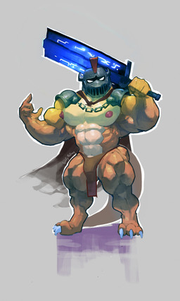 3_toes 4_fingers abs anthro areola armor barazoku biceps big_muscles blue_sword bottomwear brown_body brown_bottomwear brown_clothing brown_loincloth brown_scales cape claws clothing countershade_torso countershading digitigrade feet fingers grey_background headgear helmet helmet_with_visor holding_melee_weapon holding_object holding_sword holding_weapon huge_muscles loincloth male melee_weapon metal_chain muscular muscular_male nipples non-mammal_nipples obscured_face pecs scales shoulder_guards simple_background solo sword sword_over_shoulder tail text toe_claws toes weapon white_claws goofyahdragons lizard reptile scalie 2025 absurd_res artist_name full-length_portrait hi_res portrait