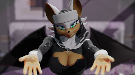 anthro areola areola_slip bedroom_eyes big_breasts breasts cleavage clothed clothing female front_view fur gloves green_eyes handwear jewelry leotard looking_at_viewer narrowed_eyes necklace nun nun_outfit seductive smile smiling_at_viewer solo spread_wings tan_body wings crowdect warfaremachine_(modeler) sega sonic_the_hedgehog_(series) rouge_the_bat rouge_the_nun bat humanoid mammal 16:9 3d_(artwork) digital_media_(artwork) hi_res widescreen