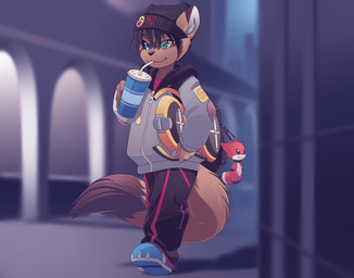ambiguous_gender anthro backpack beverage biped black_backpack black_bottomwear black_clothing black_nose black_pants blue_clothing blue_footwear blue_shoes bottomwear brown_body brown_ear_tips brown_fur brown_tail brown_tail_tip cheek_tuft clothed clothing dipstick_ears dipstick_tail ear_markings facial_tuft food footwear fur hair hat headgear headwear heterochromia holding_beverage holding_object hoodie inner_ear_fluff markings multicolored_ears multicolored_eyes pants shoes smile solo tail tail_markings topwear tuft white_inner_ear zipper rudragon cez mammal procyonid raccoon