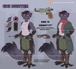 anthro avian_feet city city_background feathers feet female gun outfit_reference ranged_weapon solo tail tail_feathers talons text toes weapon errokioslem avian canid canine felid feline fox hybrid mammal pallas's_cat english_text model_sheet